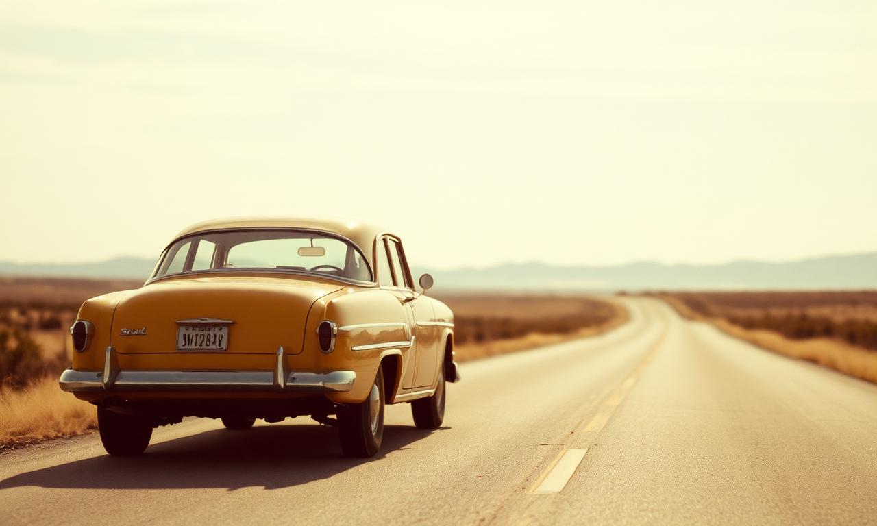 Vintage station wagon driving slowly on an empty road